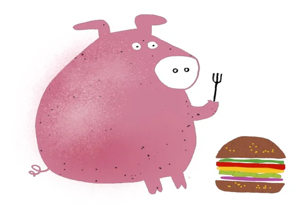 Dibujos animados de gran cerdo rosa sosteniendo tenedor y mirando hamburguesa . —  Fotos de Stock