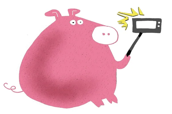 Dessin animé de gros cochon rose prenant en photo autoportrait . — Photo