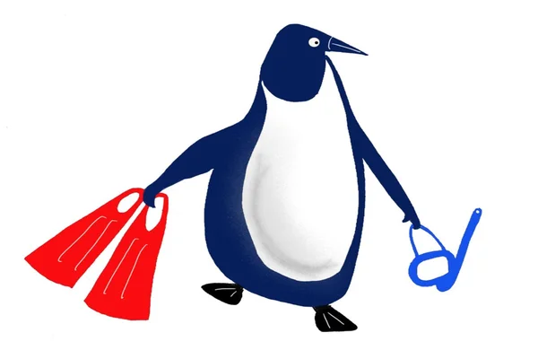 Cartoon of waddling penguin with red flippers and blue snorkel set. — Stock Photo, Image