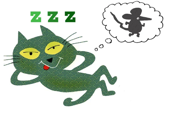 Мультфильм о счастливой зеленой кошке, расслабляющейся и мечтающей о мыши . — стоковое фото