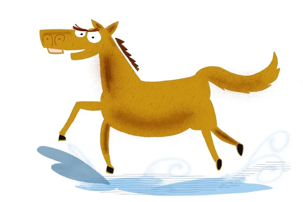 Карикатура на большую коричневую лошадь, мощно брызгающую в воду . — стоковое фото