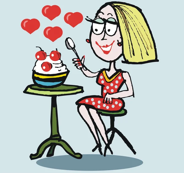 Desenho animado vetorial de mulher feliz comendo merengue fruta pavlova sobremesa . — Vetor de Stock