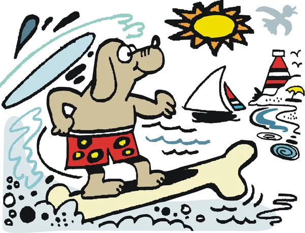 Hund auf Knochen-Surfbrett — Stockvektor