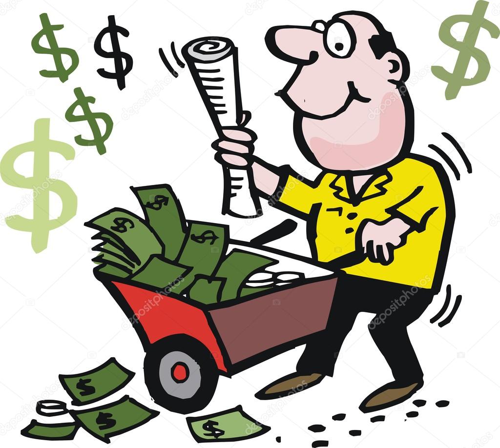 Man with wheelbarrow full of money