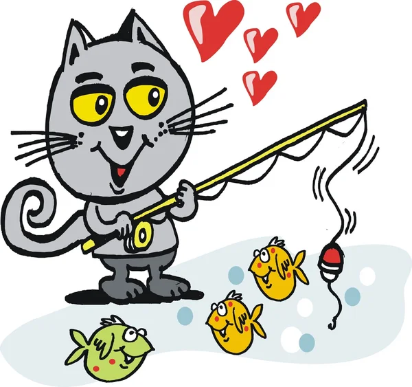 釣り竿と幸せな猫 — ストックベクタ