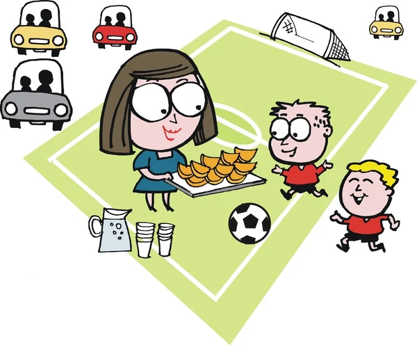 Mamá y los niños en el campo de fútbol — Vector de stock
