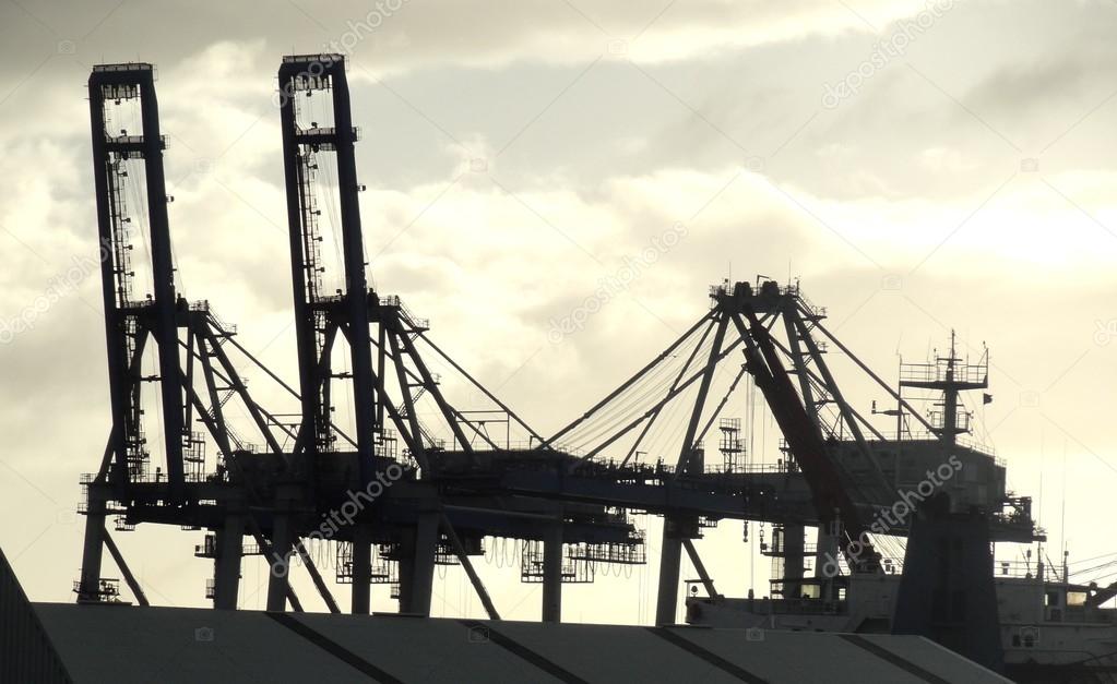 Silhouettes of container cranes
