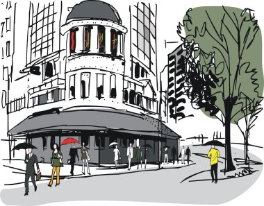Cartoon otel binası ve yayalar.