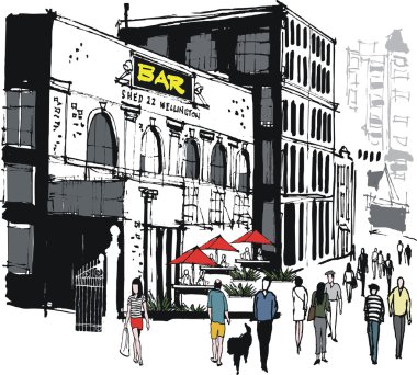 çizgi film bar bina ve yayalar.