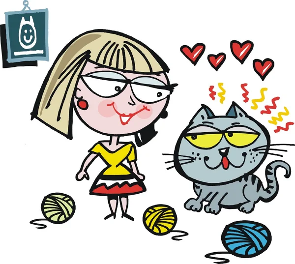 Vektor-Karikatur einer lächelnden Frau mit anhänglicher Katze. — Stockvektor