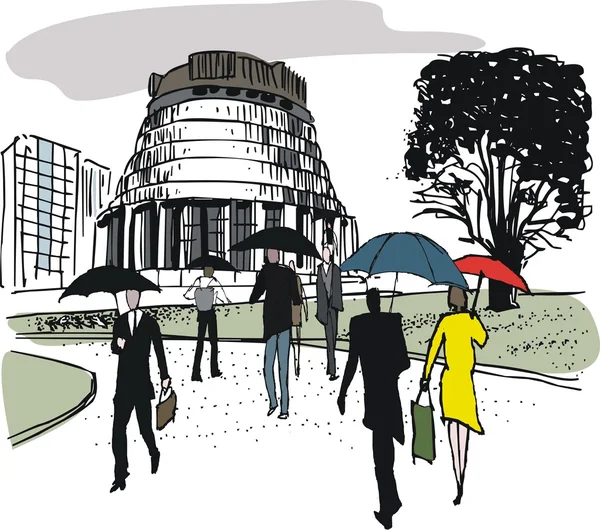 Illustration vectorielle de piétons à l'édifice du Parlement Beehive, Wellington Nouvelle-Zélande . — Image vectorielle