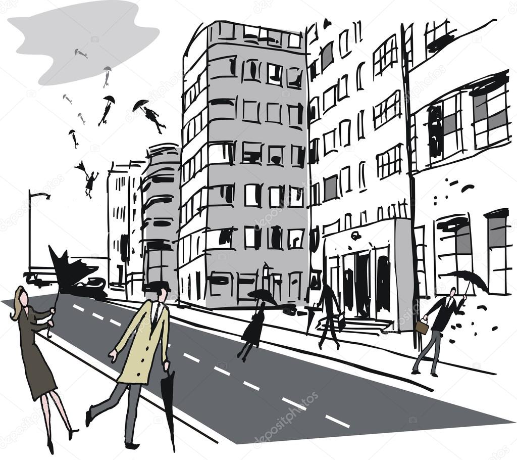 Cartoon windy city with people