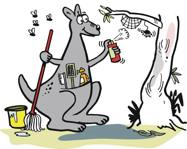 Cartoon kangaroo spraying insects on tree — Stock Vector
