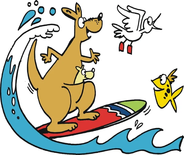 Caricature vectorielle de kangourou heureux sur planche de surf avec mouette . — Image vectorielle