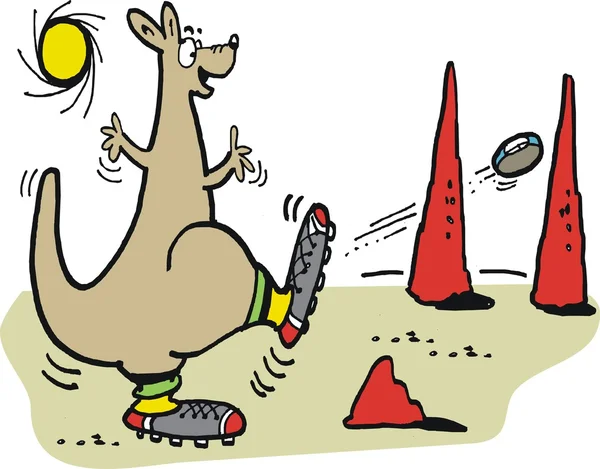 Sport liefdevolle cartoon kangoeroe schoppen Voetbal in de Australische outback. — Stockvector