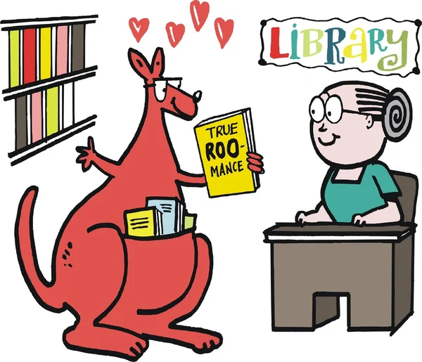 Horlivý kreslený klokan vyndání romance knihy v knihovně. — Stockový vektor