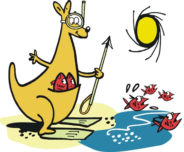 Funny Australian kangaroo fishing with spear beside ocean. — Stock Vector