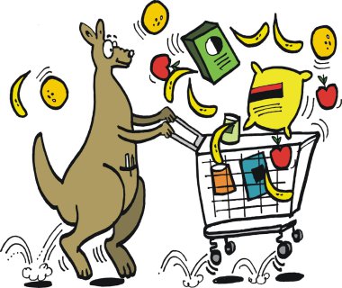Vektör karikatür mutlu kanguru süpermarket arabası itme