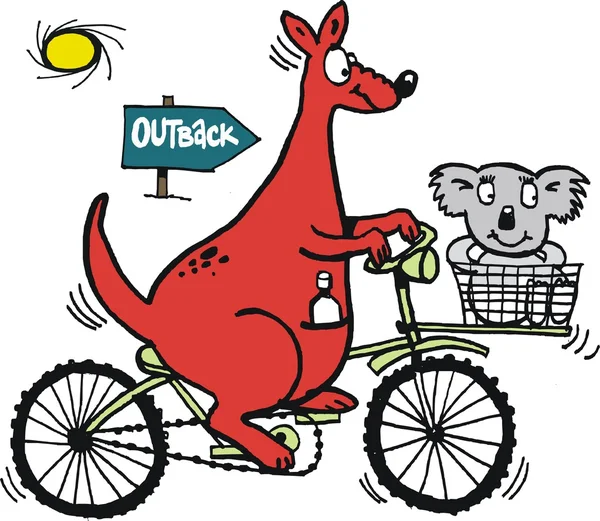 Cartoon of red kangaroo riding bicycle with koala bear in carrier. — Stock Vector