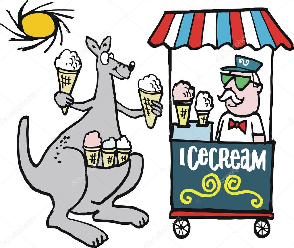 Happy kangaroo purchasing ice cream from vendor on hot summers day.