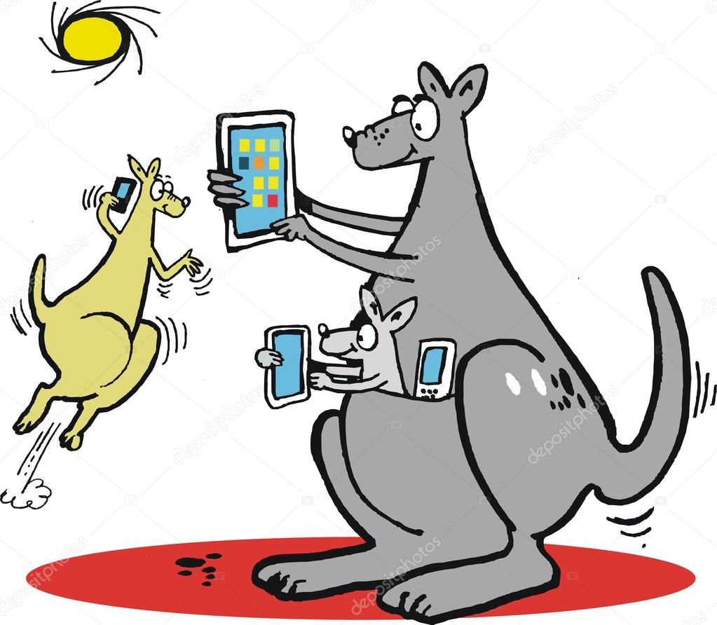Vector cartoon of kangaroos using modern technology with computers and tablets.