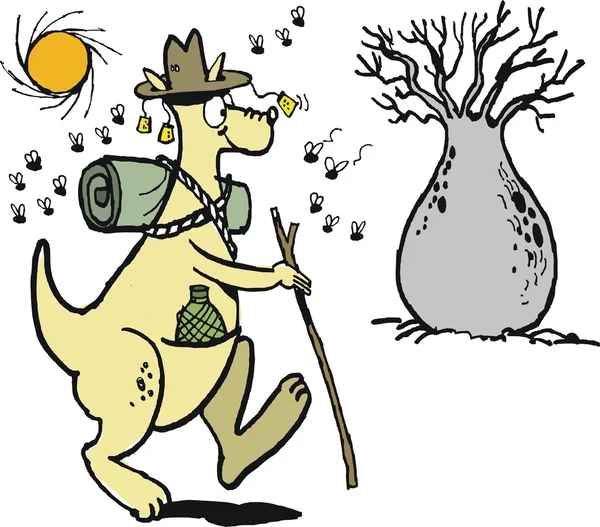 Vector cartoon van gelukkig kangoeroe swagman met stok in de Australische outback. — Stockvector