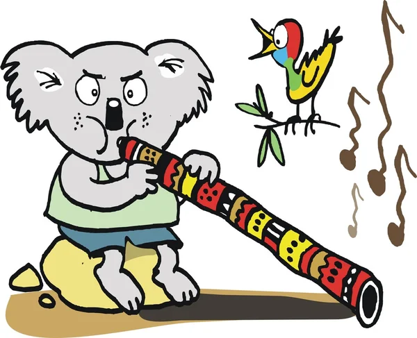 Dibujo vectorial mostrando oso koala tratando de tocar instrumento didgeridoo nativo . — Vector de stock