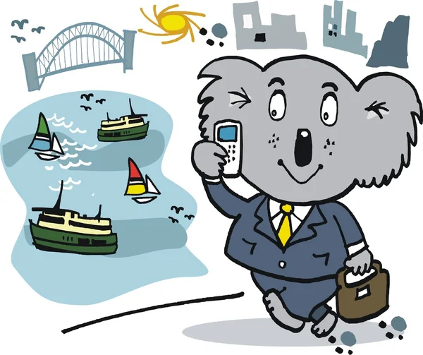 Happy koala bear business man with mobile phone and Sydney harbor background Australia — Stock Vector
