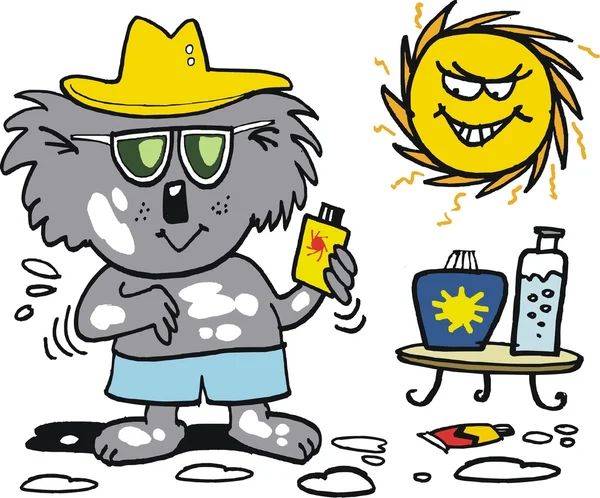 快乐的树袋熊在炎热的夏天的阳光下的海滩上应用防晒霜. — 图库矢量图片