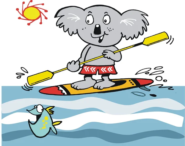 Happy koala Björn njuter av paddling på surfbräda i havet. — Stock vektor