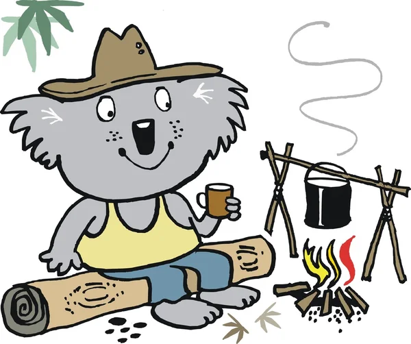 Зажатый медведь коалы сидит на бревне в Австралии и наслаждается чашкой чая . — стоковый вектор