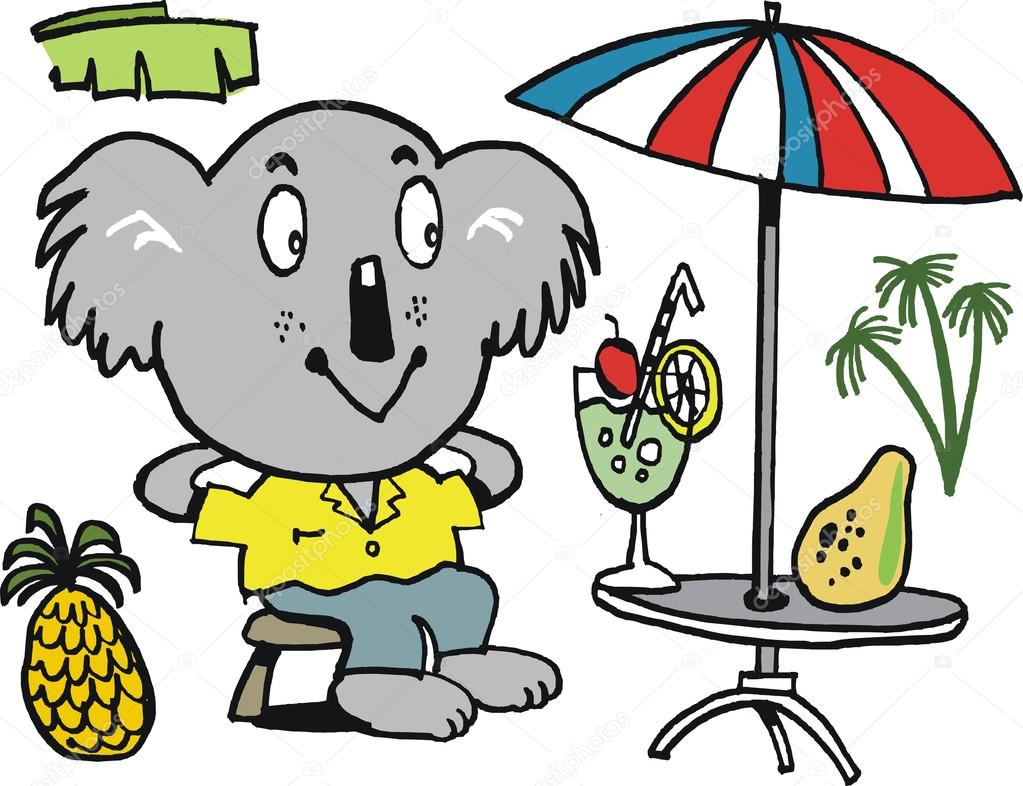 Happy koala bear enjoying cocktail under sun umbrella with tropical fruit.