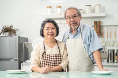 Mutfaktaki yaşlı Asyalı çift birlikte emekliliğin tadını çıkarıyor. Büyük babayı seven büyük baba büyük anneye mutlulukla sarılıyor ve gülümsüyor, kameraya bak. Evde ilişki aktivitesi.