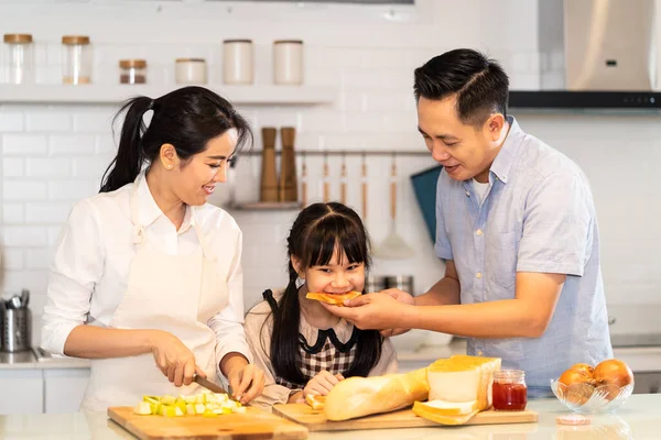 Asiática Familia Feliz Madre Cocinar Comida Para Cena Cocina Casa — Foto de Stock