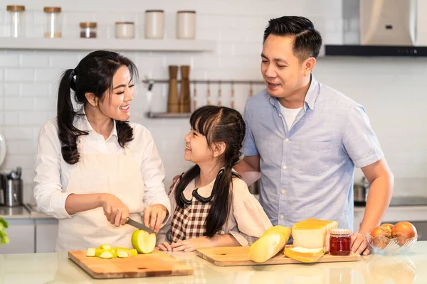 Asiática Familia Feliz Madre Cocinar Comida Para Cena Cocina Casa — Foto de Stock