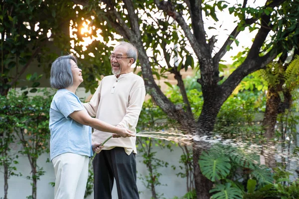 Asian Attractive Senior Couple Spending Time Outdoor Gardening Together Home — Stock Photo, Image