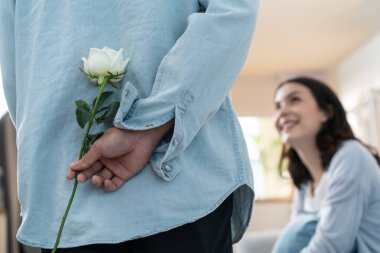 Asyalı genç adam sürpriz yaptı ve gül çiçeğini güzel kız arkadaşına verdi.