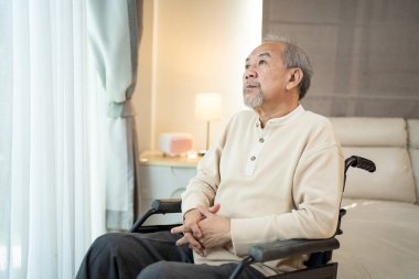 Tekerlekli sandalyede oturan yaşlı adam pencereden dikkatlice bakıyor.