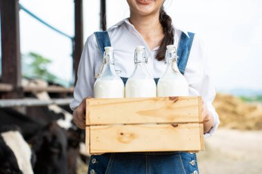 Cam süt şişeleriyle dolu tahta sandık taşıyan kadın.