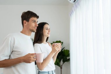 Kafkasyalı genç çift boş zamanlarını birlikte oturma odasında geçiriyorlar. Çekici yeni evli erkek ve kadın sabahları evde bir fincan kahve servis edip içiyorlar. Evde etkinlik ilişkisi.