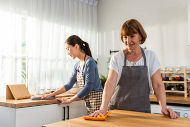 Beyaz, yaşlı, yaşlı bir kadın kızıyla birlikte mutfağı temizliyor. Çekici kadın hizmetçi ve olgun temizlikçi önlük giyer, ev işleri ya da ev işleri için çalışırken mutlu olur ve rahatlar..