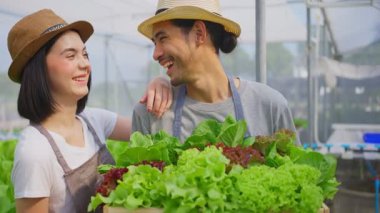 Asyalı çiftçiler sebze çiftliğinde mutlulukla çalışıyorlar.