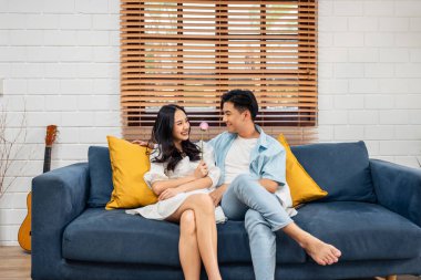 Asyalı genç adam sürpriz yaptı ve gül çiçeğini güzel kız arkadaşına verdi. Çekici, romantik, yeni evli çift erkek ve kadın yıl dönümünü ve Sevgililer Günü 'nü kutlamak için birlikte evde vakit geçirirler..