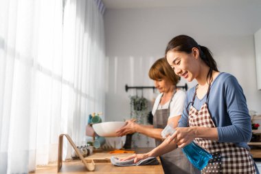 Beyaz, yaşlı, yaşlı bir kadın kızıyla birlikte mutfağı temizliyor. Çekici kadın hizmetçi ve olgun temizlikçi önlük giyer, ev işleri ya da ev işleri için çalışırken mutlu olur ve rahatlar..