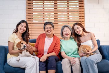 Asyalı yaşlı kadın ve kız çocuklarının portresi av köpeği ve evcil kediyle oturuyor. Mutlu aile mutlu ve rahatlamış hisseder. Evcil köpek yavrusu ve tüylü Pers kedisiyle birlikte vakit geçirirler.