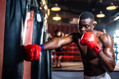 Afrikalı Amerikalı sporcu fitness stadyumunda antrenman ve egzersiz yapıyor. Aktif fitness eğitmeni ya da vücut geliştiren erkek sporcu spor salonunda sağlık hizmetleri için kas geliştirme egzersizi yapıyor..