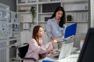 Tekerlekli sandalyedeki Asyalı iş kadını ofiste iş arkadaşıyla çalışıyor. Çekici genç bayan çalışan mutlu ve rahatlamış hissediyor, şirket işyerinde dizüstü bilgisayarla proje tartışmaktan zevk alıyor.
