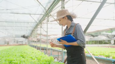 Seradaki bitkileri inceleyen Asyalı kadın..