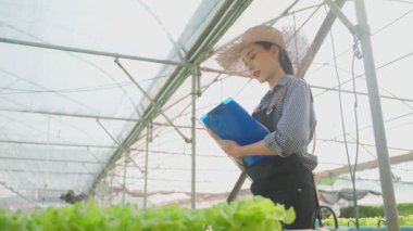 Seradaki bitkileri inceleyen Asyalı kadın..