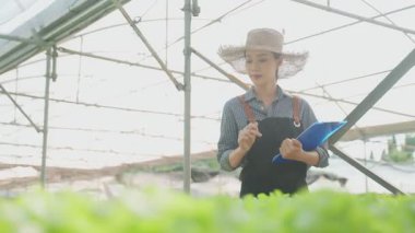 Seradaki bitkileri inceleyen Asyalı kadın..